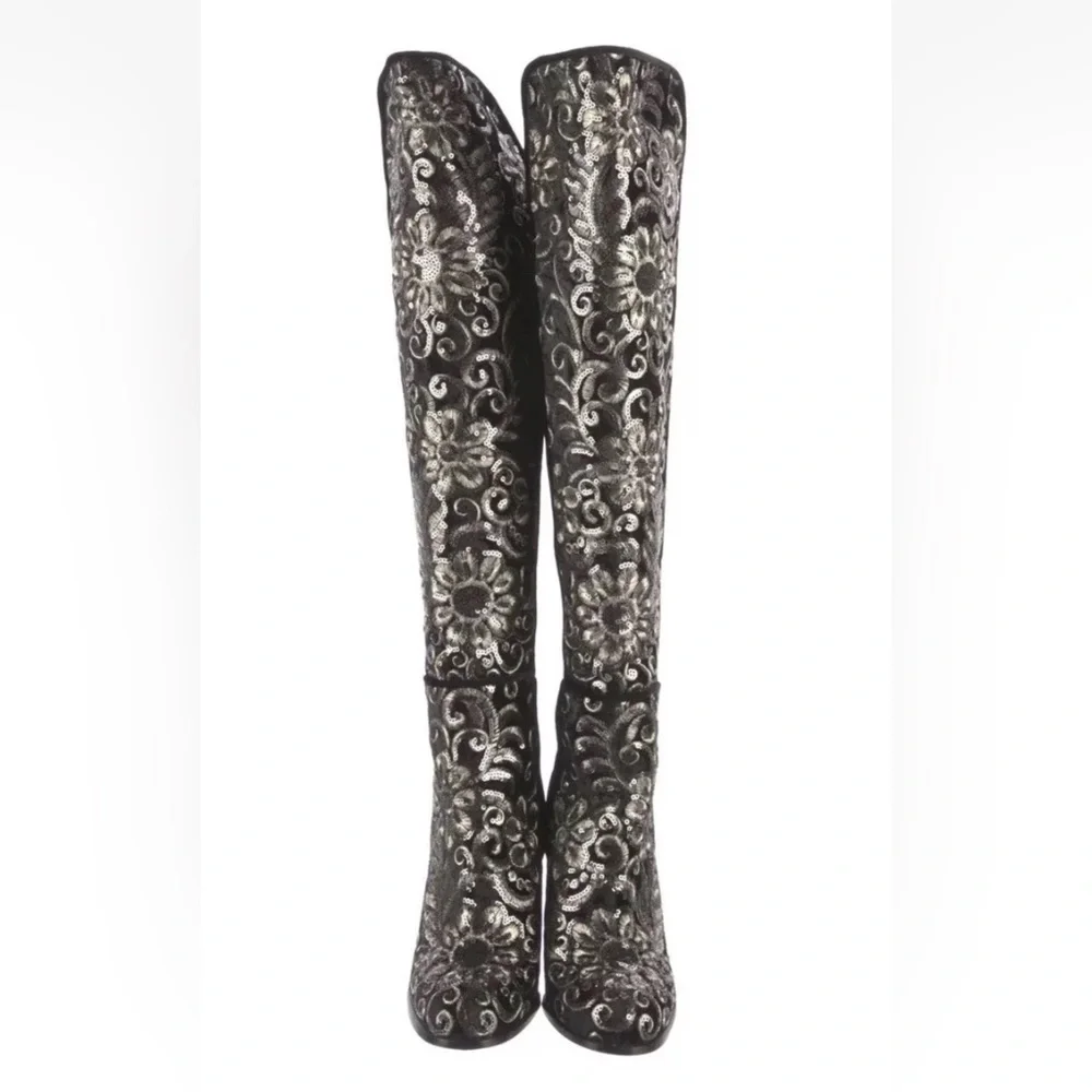 NWT Stuart Weitzman Black Alljil Knee High Sequin-embroidered Velvet Boots Sz 6